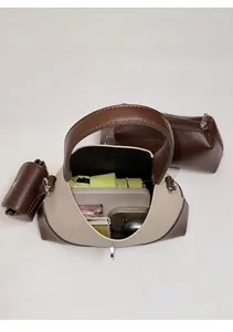 Interior view of beige and brown contrast PU hobo bag set showing spacious storage capacity