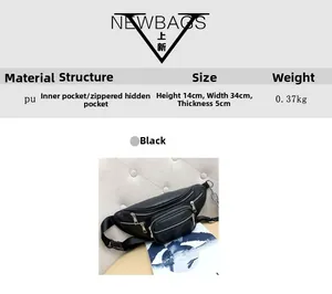 Detailed view of black PU waist bag with dimensions and interior zipper pocket structure