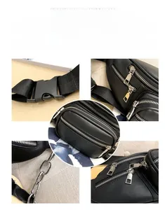 Detailed views of black crossbody bag featuring metal zippers and adjustable strap buckle
