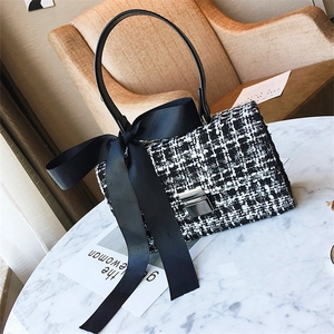 Women Tweed Small Square Bag Elegant Bow Decoration PU Leather Handle Shoulder Crossbody Handbag For Daily Party Fashion