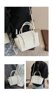 Close-up collage of creamy white PU leather handbag with handles and shoulder strap details