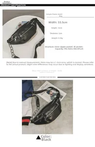Vue détaillée du sac banane en cuir PU noir montrant la largeur de 33,5 cm et le profil fin