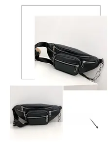 Close-up of black PU leather waist bag featuring silver zippers and side chain detail