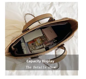 Internal view of large capacity woven tote bag showing spacious storage for daily items