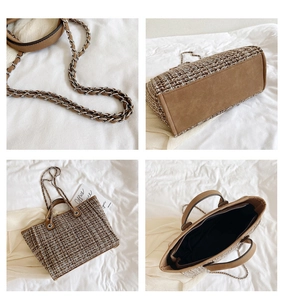 Detailed views of brown tweed tote bag with chain strap and reinforced bottom
