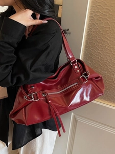 Large Capacity Women Glossy PU Shoulder Bag Vintage Tassel Zipper Crossbody Handbag Fashionable Niche Tote Bag