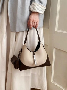 Women Retro Lychee Pattern PU Leather Hobo Bag Contrast Color Shoulder Bag With Mini Pouch Elegant Commuting Underarm Bag