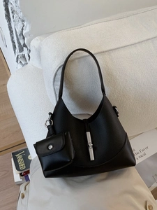 Black lychee leather hobo shoulder bag with silver turn-lock and mini coin purse