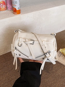 Women Fashion PU Leather Motorcycle Shoulder Bag Shiny Crossbody Barrel Bag With Zipper Rivet Detail Streetwear Y2K Bag