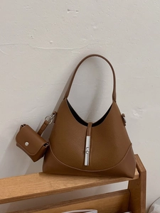 Caramel brown contrast stitching lychee pattern half-moon shoulder bag with mini pouch