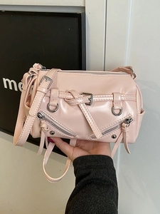 Chic pink glossy patent leather Boston bag with silver zipper and adjustable strap