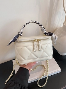 Women Mini Quilted Vanity Case Handbag With Satin Scarf Handle PU Leather Rhombic Pattern Gold Chain Crossbody Shoulder Bag