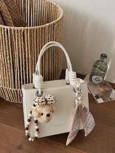 Vintage PU Shoulder Bag Women Lychee Pattern Handbag With Decorative Silk Scarf And Plush Bear Pendant Casual Crossbody Bag