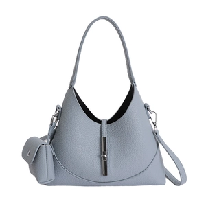 Chic blue-grey genuine leather tote bag with silver buckle and mini pouch accessory
