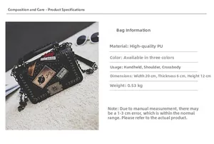 Detailed view of black PU leather crossbody bag with retro patches and chain strap