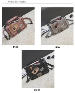 Detailed comparison of pink, grey, and black studded faux leather flap bags with chains