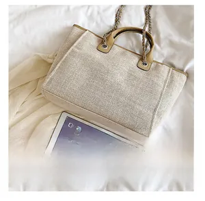 Detail show of woven tote bag with leather handles and silver chain on white bedding