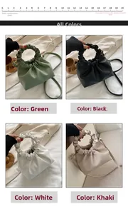 Detail view of cloud bag set in green, black, white, and khaki with ruched handles