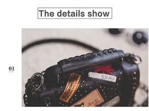 Detail showing litchi grain leather, punk patches, and braided handle on small square bag