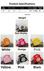 Detailed grid view of retro telephone handbags in seven colors including pink and orange