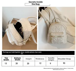 Size chart showing dimensions for a white quilted leather backpack for women