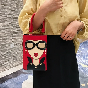 Sac à main mignon en cuir PU rouge avec motif visage de dessin animé et lunettes 3D
