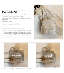 Detailed view of quilted beige mini backpack with adjustable straps and zipper pockets