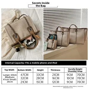 Detailed size guide for the bucket tote bag showing dimensions for large, medium and small models