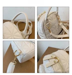 Detail shots of white quilted backpack with gold hardware and dual zipper close-up
