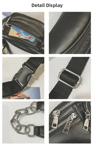 Vue détaillée du sac banane en cuir PU noir avec chaînes argentées et poches zippées