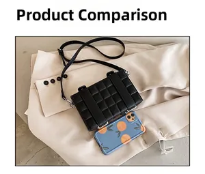 Size comparison of a black quilted mini box bag next to a phone case on a beige blazer