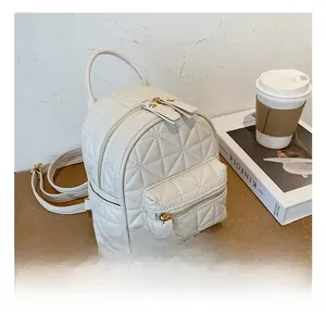 Detailed view of quilted faux leather mini backpack in cream white for women