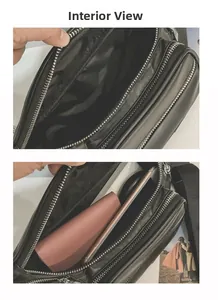 Vue intérieure du sac banane en similicuir noir montrant sa grande capacité et son double zip