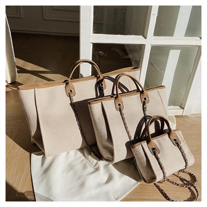 Detailed comparison of three beige canvas tote bags with leather trim and chain straps