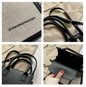 Detail view of the black and beige woven crossbody bag showing strap and inner lining