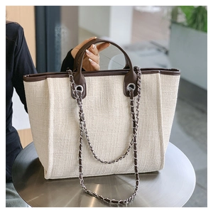 Close-up of beige woven tote bag featuring brown leather trim and chain strap detail