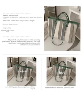 Detailed size chart of large striped tote bag with A4 and iPad capacity comparison