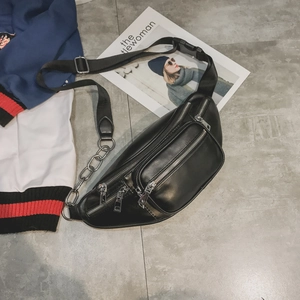 Sac Banane Femme en Cuir PU Multi-Zippé Sac de Poitrine avec Chaîne en Métal Mode Streetwear Quotidien Extérieur Noir