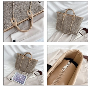 Macro details of tweed texture, metal zipper, and large capacity of the tote bag