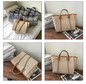Collage of multi-color woven tote bags with ethnic stripes and chain straps