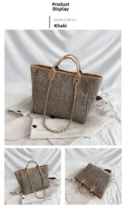 Detailed views of the khaki woven tote bag showing texture and chain strap details