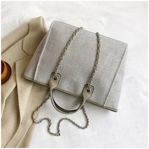 Detailed close-up of grey canvas tote bag featuring silver chain strap and top handles