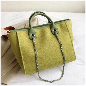 Detail of olive green woven tote bag with silver chain strap and leather handles