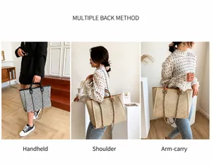 Three-way carry bucket bag featuring geometric patterns, leather handles, and chain strap