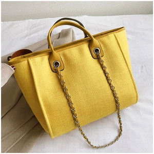 Detail of a bright yellow woven tote bag featuring a leather handle and silver chain strap