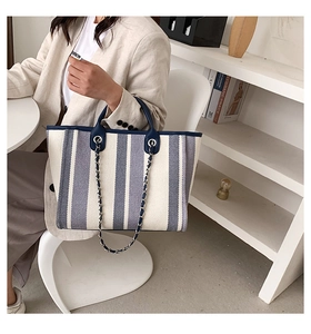 Détail du sac cabas en toile à rayures bleues et beige avec bandoulière en chaîne et cuir