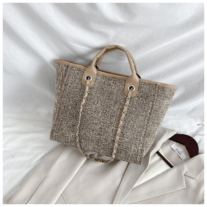 Detail of woven texture tote bag with chain strap and khaki handles on white fabric