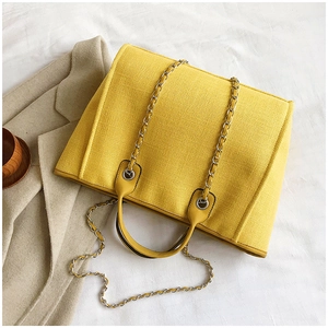 Detailed view of yellow woven tote bag with leather handle and silver metal chain strap