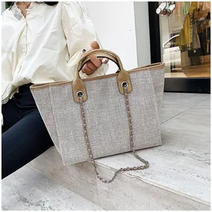 Detailed view of grey linen tote bag with brown leather handles and chain strap