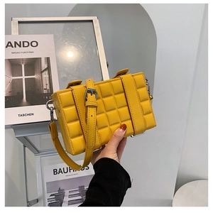 Retro yellow box shoulder bag with quilted chocolate texture and adjustable strap